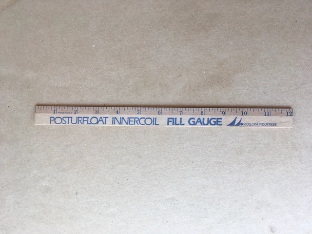 Vintage MOLLURA INDUSTRIES POSTURFLOAT INNERCOIL FILL GAUGE Wooden Ruler