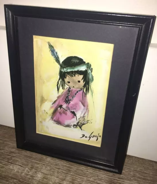 RARE Ted DeGrazia art print 'Love Me' Indian Girl Feather PINK 7x9