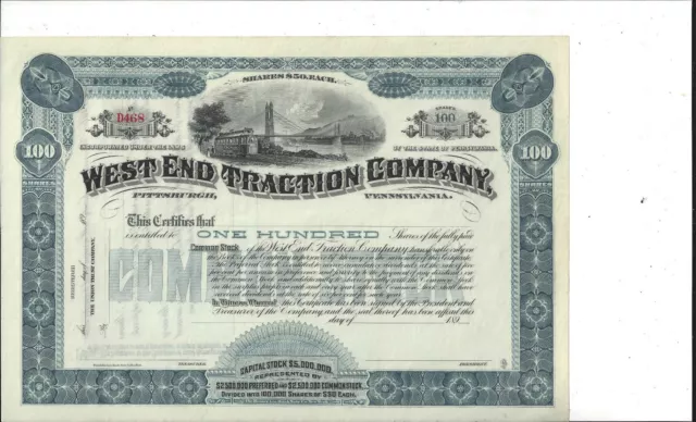 West End Traction Company (Pittsburgh Pa)....1890'S Unissued Stock Certificate