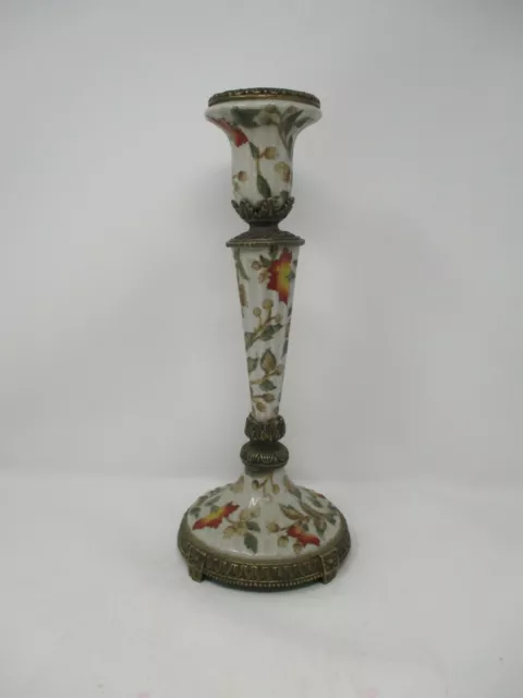 Vintage Oriental Accent Porcelain/Brass Hand Painted Candle Holder Floral Design