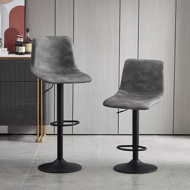 2x Grey Swivel Bar Stools Faux Suede Leather Metal Base Kitchen Adjustable