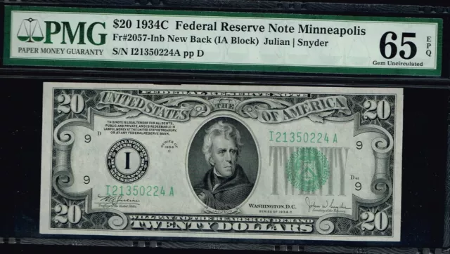 NEW BACK.  $20 1934C Minneapolis FRN. Fr. 2057-Inb. PMG 65 EPQ.