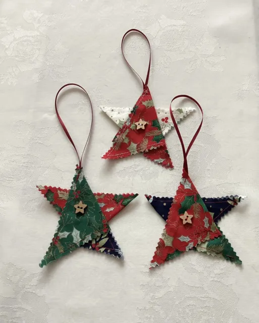 Hand Made Christmas Tree Decorations Stars X 3 With Hanging Loops 4” Or 10cm