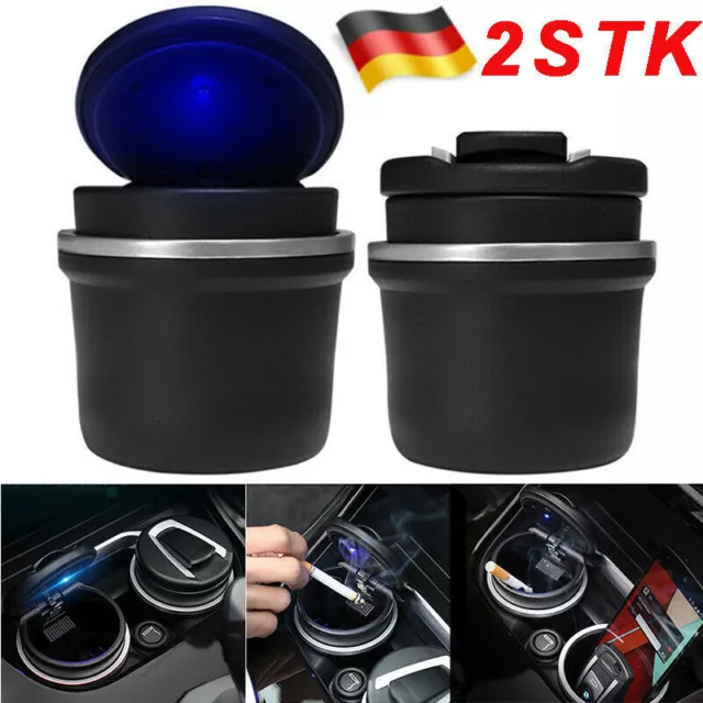 2x Auto-Aschenbecher mit LED Kfz-Windaschenbecher mit Deckel für Getränkehalter