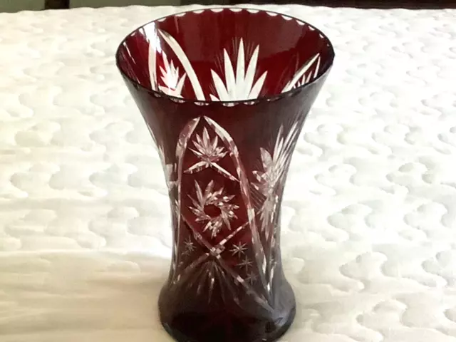 Vintage Czech Bohemian Vase Ruby Red Glass Cut To Clear Starburst & Art Deco