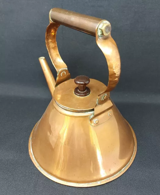 Vintage Flat Bottomed Copper Ships Kettle Hammered Handle 2