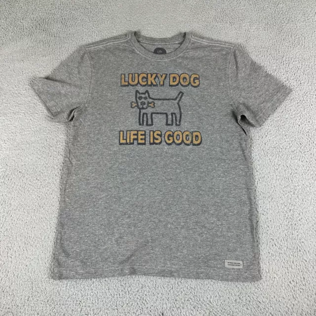 Life Is Good T-Shirt Mens Small Gray Cotton Crew Neck Short Sleeve Lucky Dog