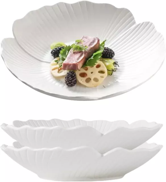 Set of 3 - 10" Japanese Style Flower Petal Shaped Porcelain Dinner Plates, White