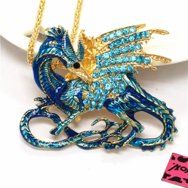 Fashion Women Blue Rhinestone Magic Dragon Crystal Pendant Chain Necklace Gift