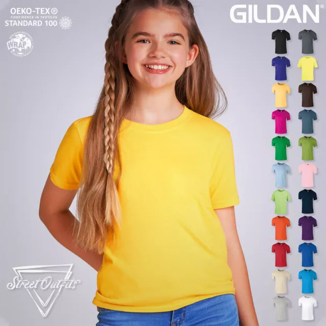 Kids Plain Cotton T-Shirt Short Sleeve Top Boys Girls Junior Gildan Softstyle