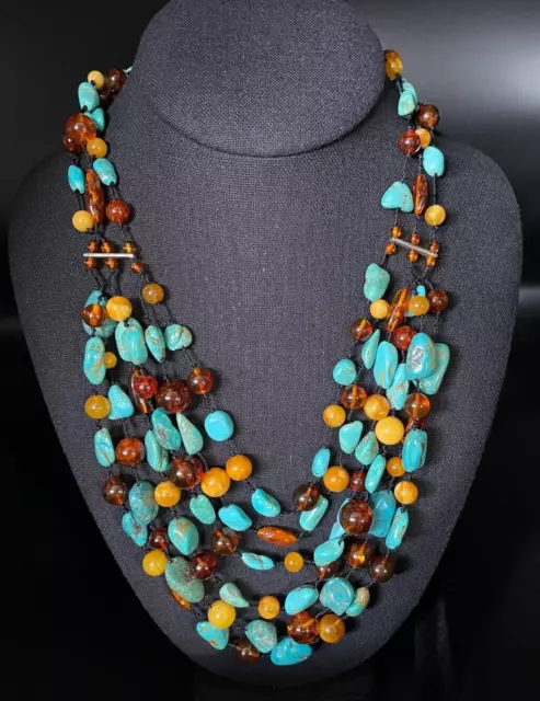 Jay King Mine Finds DTR Sterling Silver Turquoise & Amber bib necklace - RARE