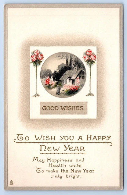 Happy New Year Greetings Postcard Good Wishes Roses Happiness Unite Tucks Series