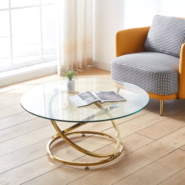 Round Tempered Glass Coffee Table with Golden Chrome Leg Living Room Furniture