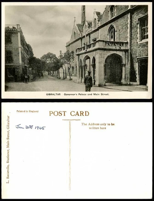 Gibraltar alte RP Postkarte Gouverneurspalast & Hauptstraße Szene Soldatenuniform