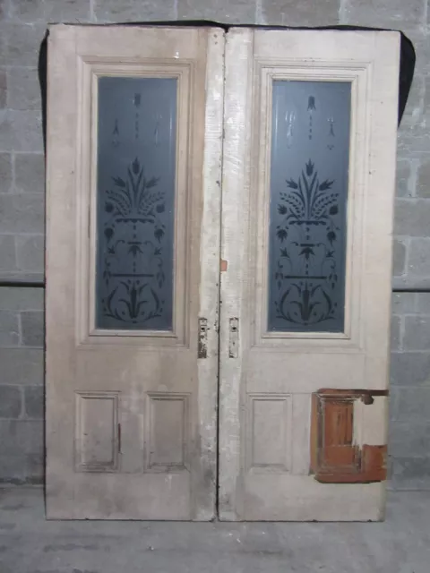 ~ Antique Pocket Doors With Wheel Cut Etched Glass ~ 67 X 99 ~ Salvage