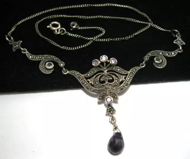 Vintage Sterling Silver Amethyst Marcasite Necklace -Art Deco, 16.5", lovely