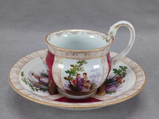 Meissen Hand Painted Watteau Scene Cranberry Gold Tea Cup Cup & Saucer