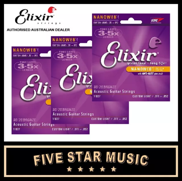 3 SETS ELIXIR Nanoweb Custom Light Acoustic Guitar Strings - 3 Sets 11-52 11027