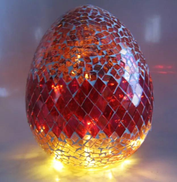Led Lighted Red Iridescent Shimmery MOSAIC GLASS EGG Home Decor 7.5" H x 6.4" W