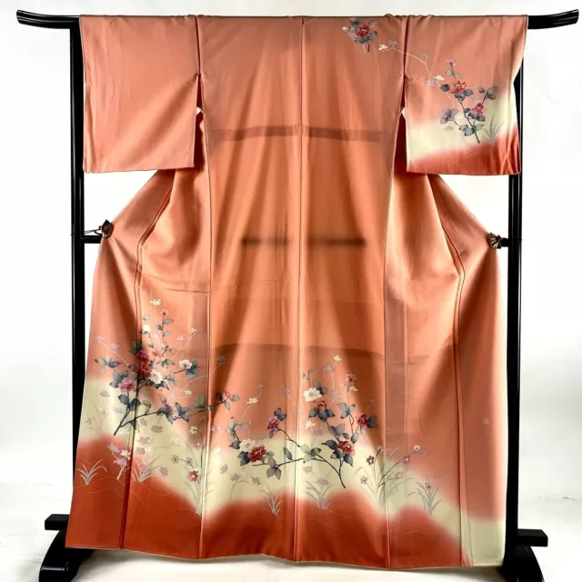Japanese kimono  "HOUMONGI" SILK, a branch of flowers, Sign, Pink ,L5'5"..3357