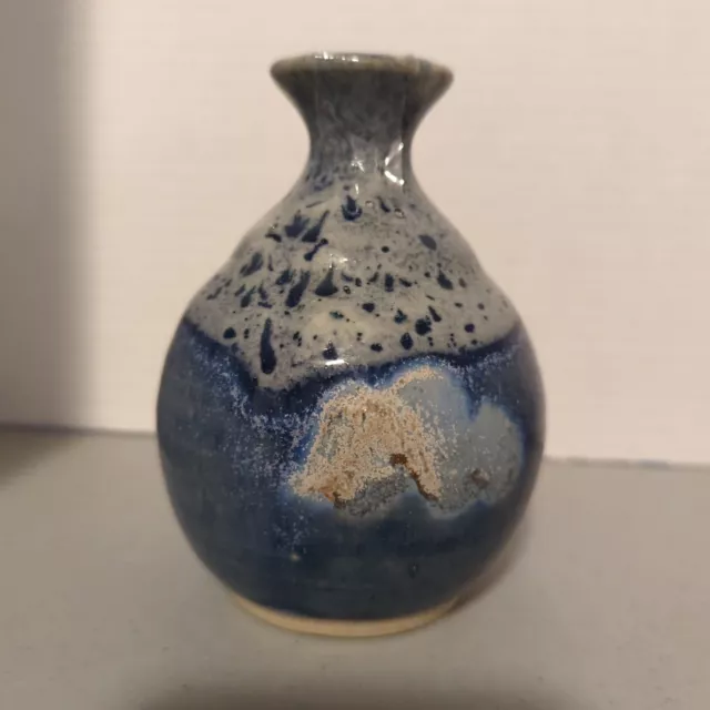 Blue Drip Coffelt Studio Art Pottery Round Collar Vase 5.25in Tall