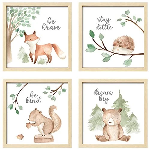 4 Pack Framed Funny Woodland Baby Nursery Wall Art Decor with 10x10 Frames