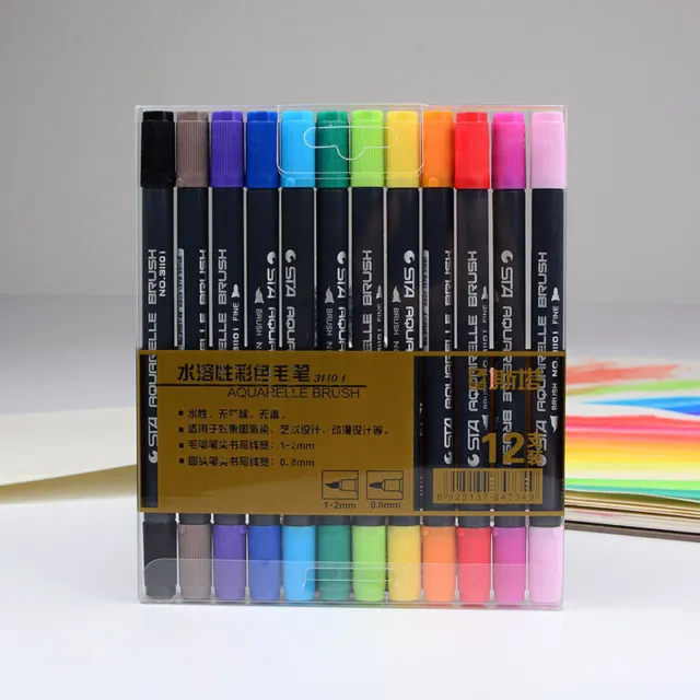 Fineliner Tip Set Drawing 12 Colors STA Dual Brush Water Based Art Marker Pens I