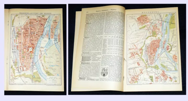 MAGDEBURG 2x Stadtplan Lithographie & Text von 1895 – 131 Jahre ORIGINAL