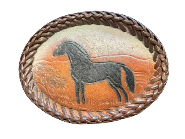 Vintage Hand Tooled Leather Painted Etched Black Horse Belt Buckle Rodeo Scene