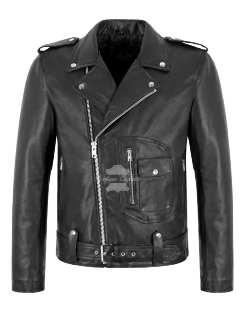 Men's Biker Leather Jacket Brando Style Thick Cowhide Retro Riding Jacket Aster