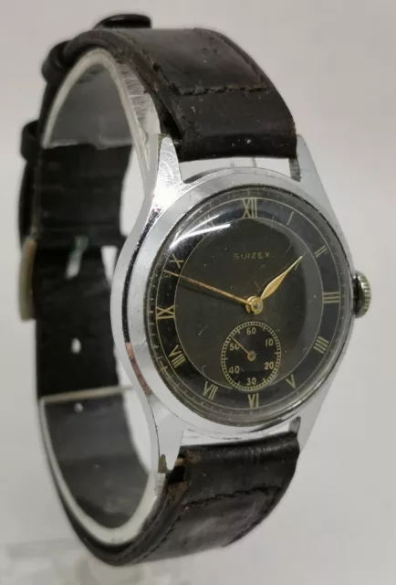 Vtg 1940s Suizex French Henri Robillard Black Faced Art Deco Chrome Gents Watch