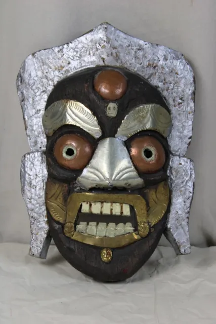 B7 / Mask from Wood Carved With Sheet Metal + Decoration - Skull - 25x15 CM/338