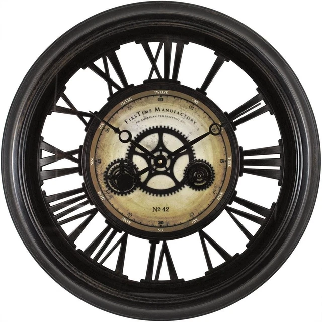 24 INCH LARGE Round Moving Gears Wall Clock Open Roman Numerals Analog