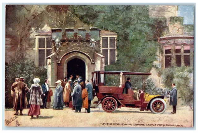 c1910 H.M The King Leaving Lismore Castle Ireland Oilette Tuck Art Postcard