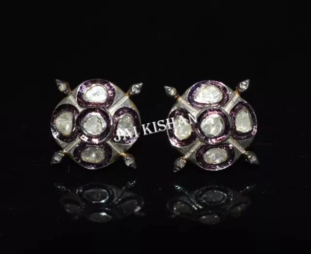 Polki Uncut Pave Diamond 925 Sterling Silver Stud Earring Victorian Jewelry