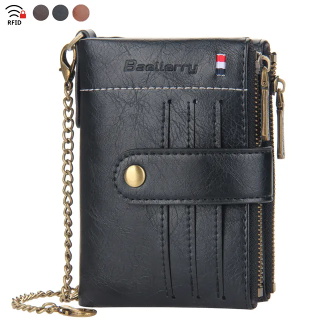 Mens Wallet Leather RFID Bifold with Chain and Zipper Coin Pocket Biker Trucker