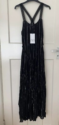 Zara Ss19 Black Long Strappy Metallised Fibre Dress With Stripes Size Xs-S Bnwt
