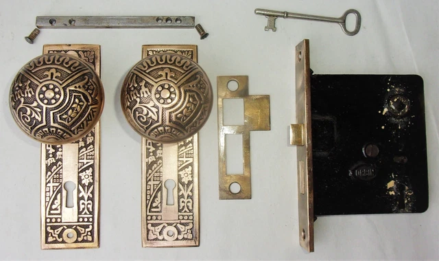Antique Set EASTLAKE VICTORIAN AESTHETIC Backplates Door Knob Mortise Lock w Key