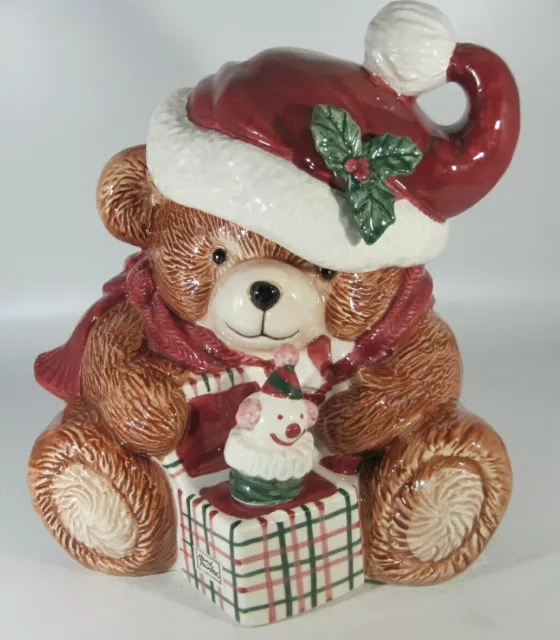 1991 Fitz and Floyd Christmas Plaid Teddy Bear 1.5 QT Cookie Jar In Box -EUC