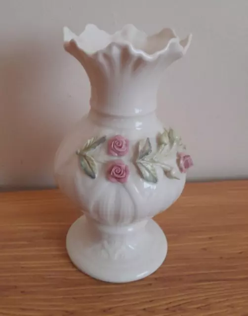 Belleek Pottery Ribbon Spill Vase with Embossed Pink Flowers 11th Mark 2001-07