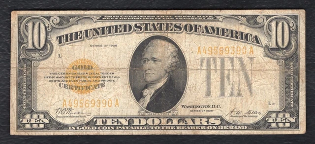 Fr. 2400 1928 $10 Ten Dollars Gold Certificate U.s. Currency Note