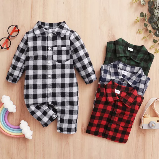 Newborn Infant Baby Boy Clothes Long Sleeve Romper Plaid Pant Outfits Set