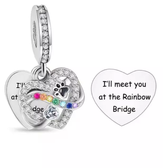 Sterling Silver 925 Dog Cat Paw Love Heart Meet At The Rainbow Bridge Charm