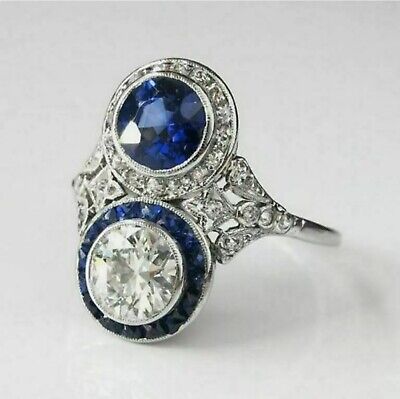 6Ct Synthétique Bleu Saphir Diamant Art Déco Floral Bague 14K or Jaune Sur S925