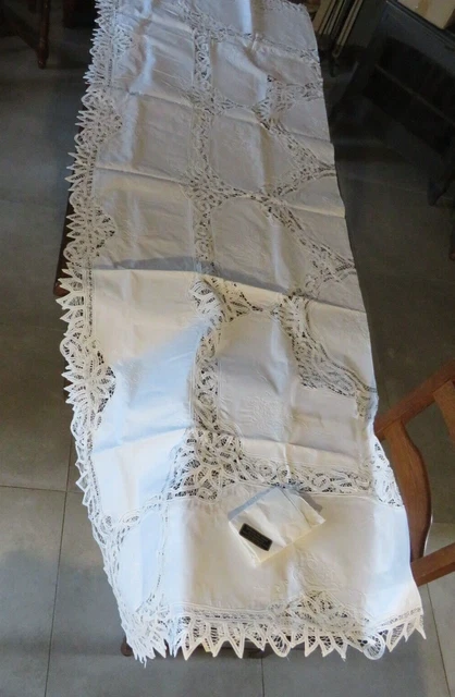 Antica Tovaglia Rettangolare E 12 Tovaglioli Ricamata Mano 265/165 CM
