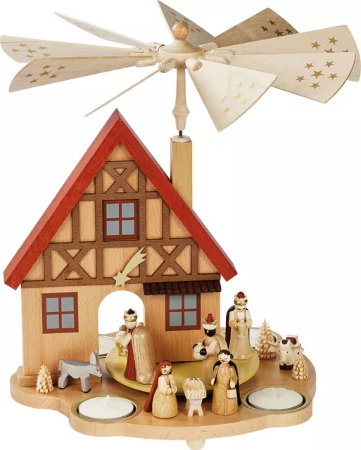 Nativity German House Tealight Carousel Pyramid