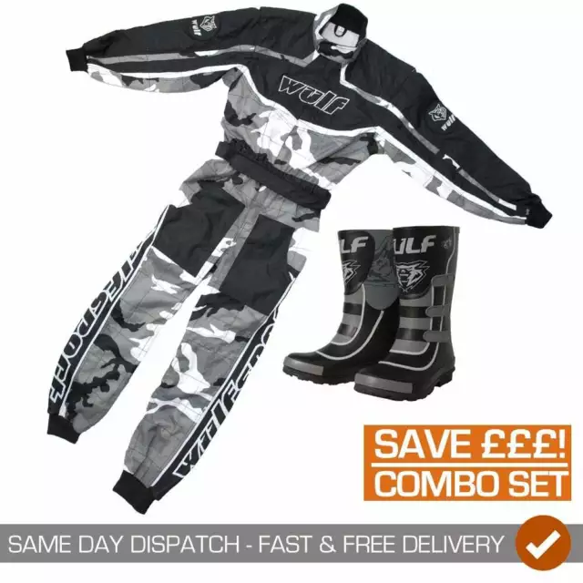 Wulfsport Kids Cub Camo Motocross Quad Bike Race Suit & Stomper Boots - Black