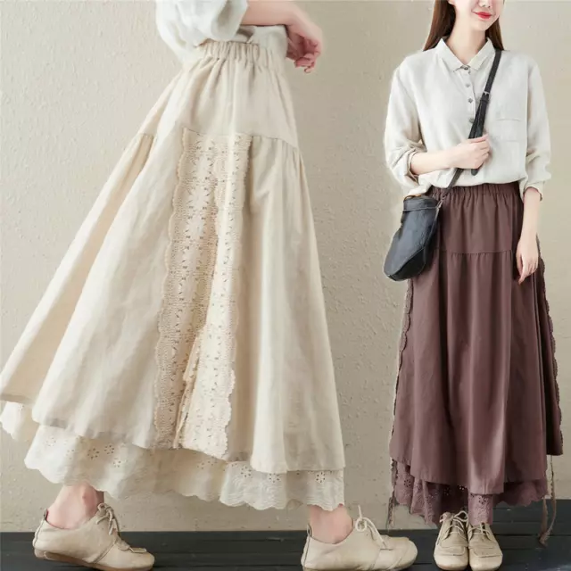 Donna Maxi Gonne Ricamo Pizzo Elastico Vita a-Line Etnico Floreale Retrò Casual