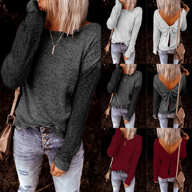 Womens Ribbed Backless Plain Tops Ladies Long Sleeve Casual T Shirt Blouse Size