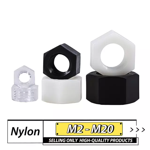 M2-M20 Hex Full Nuts Nylon Plastic Hexagon Grade 66 DIN 934 White/ Black/ Clear